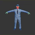 A Man in Light Blue Suit Wearing Hat with Outstretched Arms Against Gray Background