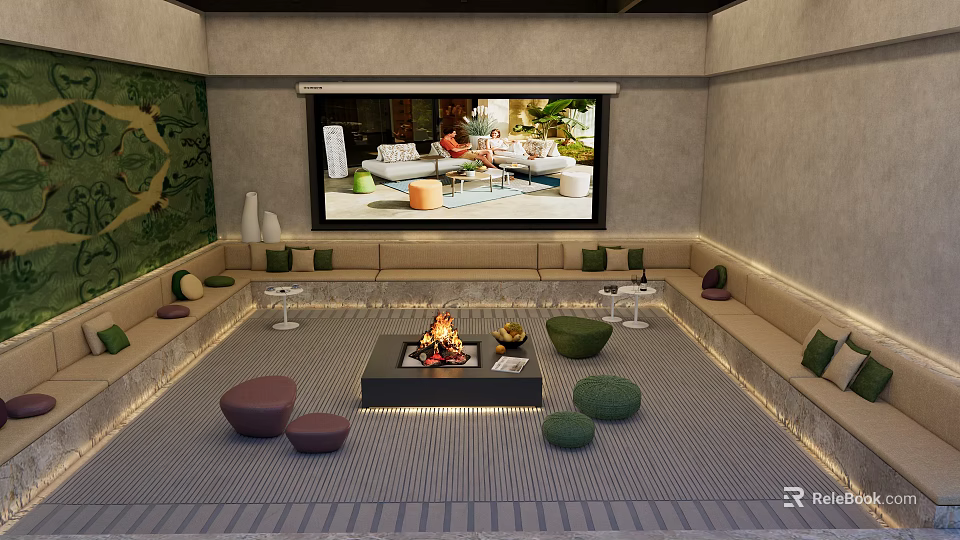 Home Theater Interior Design With Large Screen Fire Pit Sofas And Round Cushions 3d model