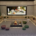 Home Theater Interior Design With Large Screen Fire Pit Sofas And Round Cushions 3d model