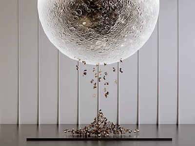 Large Silver Sphere Sculpture With Lunar Surface Texture And Golden Fragments Dripping On Black Base 3d model