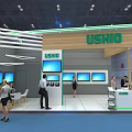 USHIO Exhibition Booth With Modern Design Multiple Blue Screens And People Interacting