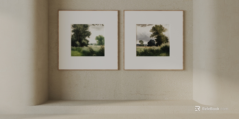 Two Framed Landscape Paintings Hanging On Wall 3d model 