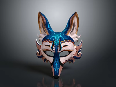 Decorative Fox Mask With Blue And White Intricate Patterns And Carved Details 3d model
