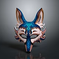 Decorative Fox Mask With Blue And White Intricate Patterns And Carved Details