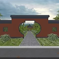 Traditional Landscape Pavilion View Through Circular Archway With Red Wall And Green Plants