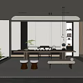 Modern Tea Room Interior With Wooden Tea Table White Cabinets Green Plants And Pendant Lights