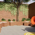 Brick Garden Landscape With Tree Steps Orange Circular Structures And Yellow Ground Patterns 3d model