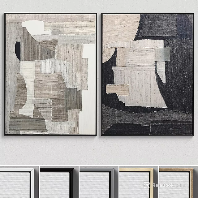 Modern Abstract Painting With Geometric Shapes Textured Patterns And Neutral Tones Wall Decor 3d model 