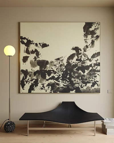 Abstract Painting With Black And White Ink Brush Strokes In Modern Interior Wall Decor 3d model