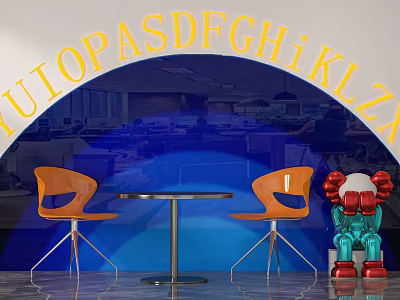 Arched Background Wall with Yellow Letters Orange Chairs Round Table and Colorful Sculpture 3d model