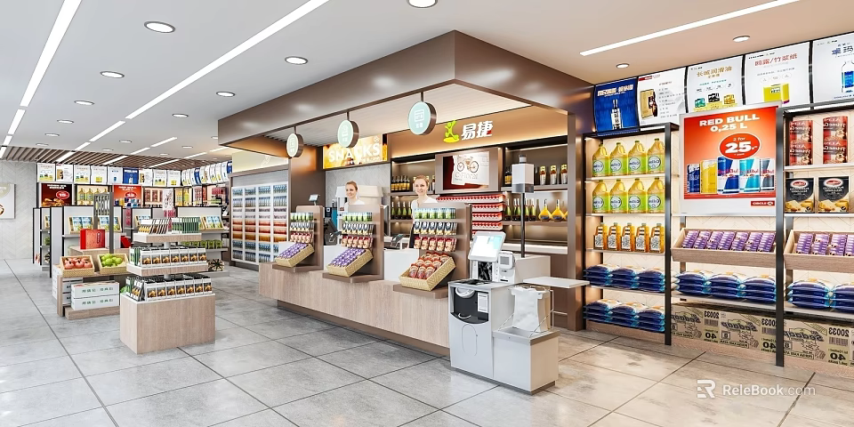 Bright Supermarket Department Store Interior With Organized Shelves And Various Products 3d model 