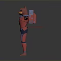 3D Feline Character In Red And Blue Outfit With Mechanical Arm And Outstretched Arms