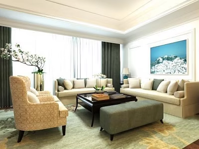 Elegant Living Room Sofa Coffee Table with Beige Armchair Green Ottoman Window Curtains and Rug 3d model