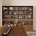 Traditional Wooden Bookcase With Books Decorative Vases Sculptures And Storage Cabinets