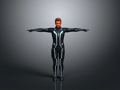 Male in Futuristic Black Bodysuit With Blue Glowing Lines Arms Outstretched Against Grey Gradient Background 3d model