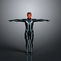 Male in Futuristic Black Bodysuit With Blue Glowing Lines Arms Outstretched Against Grey Gradient Background