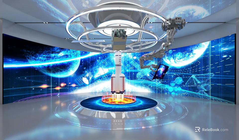 Hi Tech Exhibition Hall Featuring Rocket Model Robotic Arm Blue Planet Background And Glowing Base 3d model 