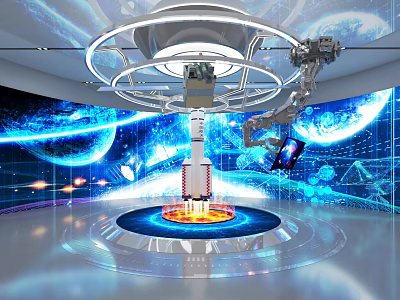 Hi Tech Exhibition Hall Featuring Rocket Model Robotic Arm Blue Planet Background And Glowing Base 3d model