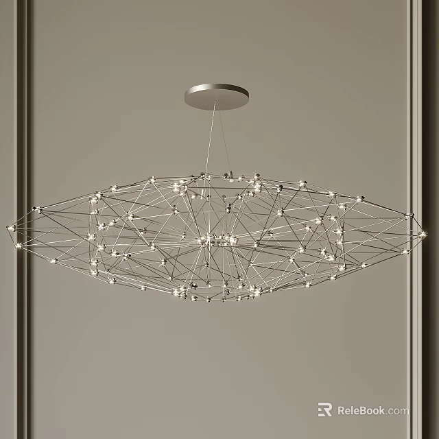 Modern Geometric Chandelier with Net Structure and Small Lights Suspended from Ceiling 3d model 