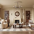 Elegant Modern Living Room Interior With Fireplace Chandelier Sofa And Bookshelves