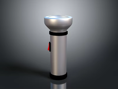 Silver Portable Flashlight With LED Light Red Button And Black Base Design 3d model