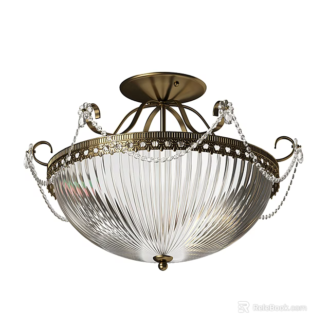 Decorative Brass Ceiling Light With Crystal Chains And Transparent Glass Shade 3d model