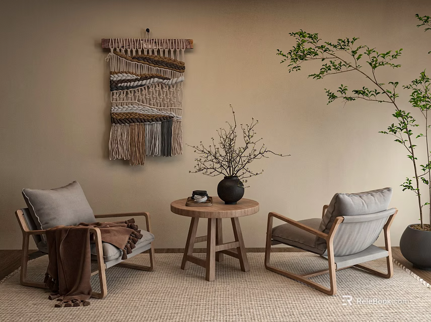 Cozy Living Space With Two Accent Chairs Round Wooden Table And Macramé Wall Hanging 3d model 