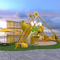 Yellow Camping Theme Stage With Giant Hand Sculptures Tents Grass Area And Wooden Frame