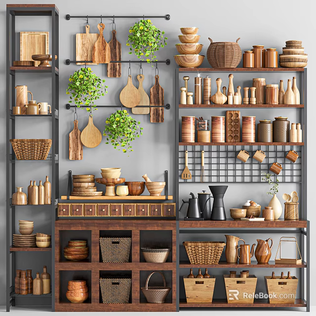 Bathroom Cabinet Rack With Wooden Items Ceramic Containers Baskets And Plants For Storage 3d model 