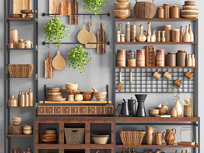 Bathroom Cabinet Rack With Wooden Items Ceramic Containers Baskets And Plants For Storage 3d model