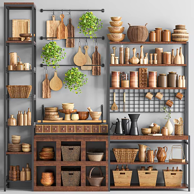 Bathroom Cabinet Rack With Wooden Items Ceramic Containers Baskets And Plants For Storage 3d model