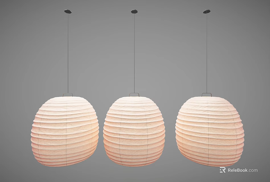 Three Modern Striped Paper Pendant Lights Hanging On Gray Background 3d model 