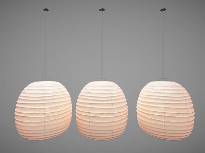 Three Modern Striped Paper Pendant Lights Hanging On Gray Background 3d model