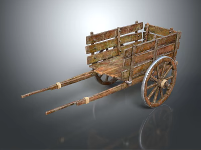 Vintage Wooden Cart With Traditional Rustic Wheels Long Wooden Shafts And Planks 3d model