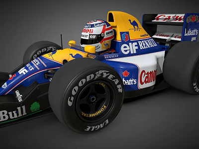 Blue Yellow White Formula Racing Car With Canon Goodyear Elf Sponsors And Driver Helmet 3d model
