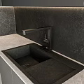 Modern Kitchen Interior With Black Countertop Gas Cooktop Dark Textured Backsplash And Range Hood