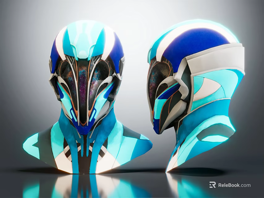 Futuristic Blue And White Helmets With Modern Design On Reflective 3d model 