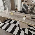 Wooden Office Desk With Monitor Stand Yellow Notebook Black Lamp On Black White Geometric Rug
