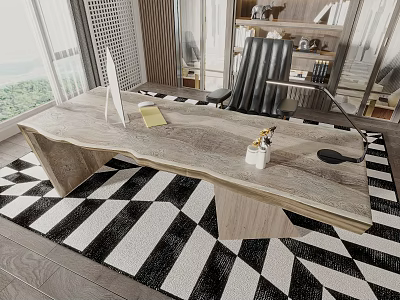 Wooden Office Desk With Monitor Stand Yellow Notebook Black Lamp On Black White Geometric Rug 3d model