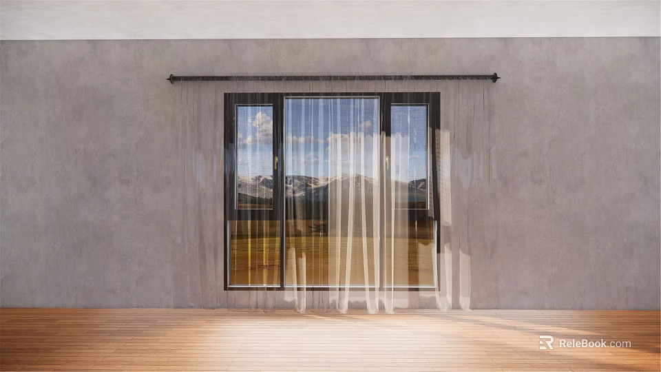 Sheer White Curtains Decorating Large Window With Mountain View And Wooden Floor 3d model 
