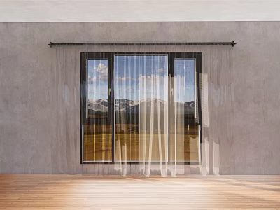 Sheer White Curtains Decorating Large Window With Mountain View And Wooden Floor 3d model