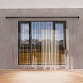 Sheer White Curtains Decorating Large Window With Mountain View And Wooden Floor