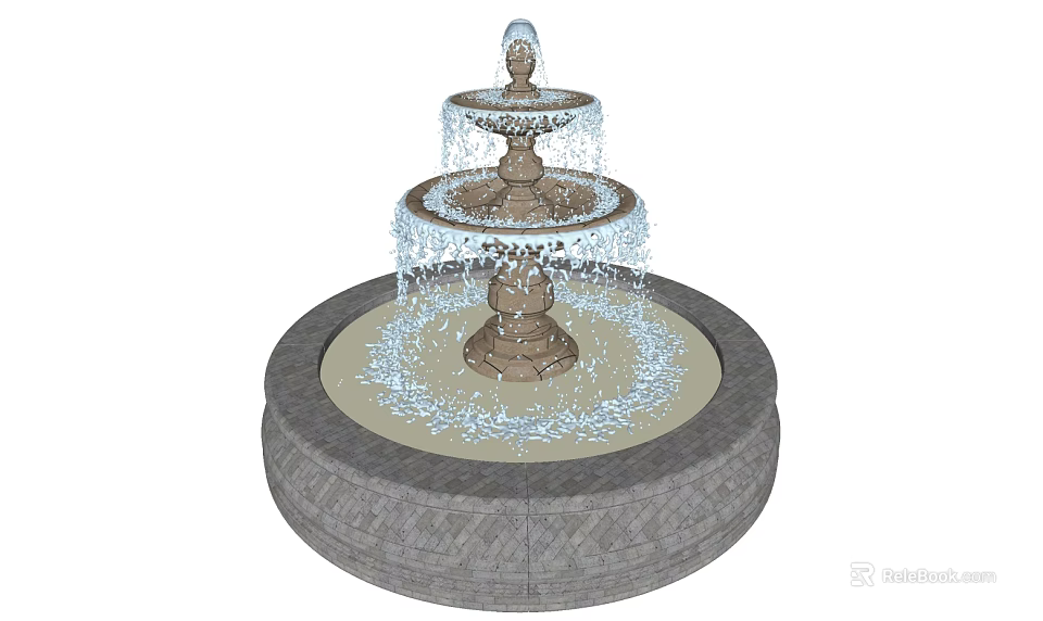 Three Tiered Decorative Fountain With Circular Stone Base And Flowing Water Splashes Design 3d model 