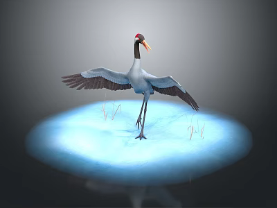 Red Crown Black Neck Crane with Outstretched Wings Standing on Blue Platform with Surrounding Grass 3d model