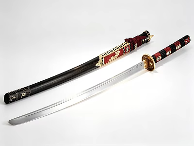 Traditional Japanese Samurai Sword With Red Gold Decorative Handle Silver Blade And Black Scabbard 3d model