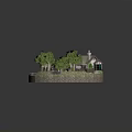 Charming Cartoon Scene With Cottage Chimney Fence Stream Wooden Bridge Trees And Flowers
