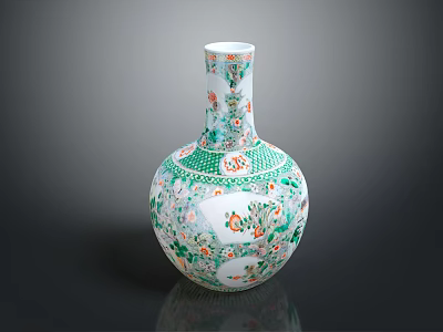 Decorative Green And White Vase With Red Floral Patterns Slender Neck And Spherical Body 3d model
