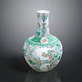 Decorative Green And White Vase With Red Floral Patterns Slender Neck And Spherical Body