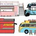 Colorful Container And Bus Style Food Trucks With Service Counters And Stools