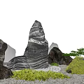 Japanese Karesansui Rock Garden Design With Striped Stones Green Plants And White Gravel
